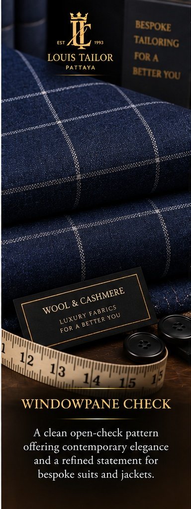 Windowpane Check Wool and Cashmere Suiting Fabric - Louis Tailor Pattaya